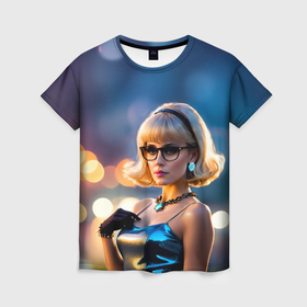 Женская футболка 3D с принтом Девушка блондинка в блестящем платье в очках в Белгороде, 100% полиэфир ( синтетическое хлопкоподобное полотно) | прямой крой, круглый вырез горловины, длина до линии бедер | 