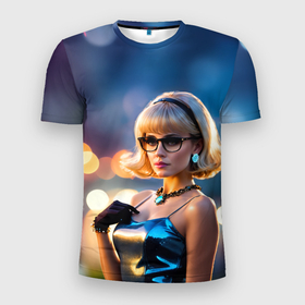 Мужская футболка 3D Slim с принтом Девушка блондинка в блестящем платье в очках в Екатеринбурге, 100% полиэстер с улучшенными характеристиками | приталенный силуэт, круглая горловина, широкие плечи, сужается к линии бедра | Тематика изображения на принте: 