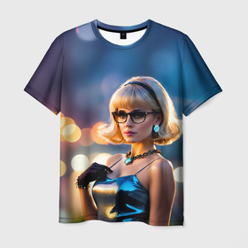 Мужская футболка 3D с принтом Девушка блондинка в блестящем платье в очках в Екатеринбурге, 100% полиэфир | прямой крой, круглый вырез горловины, длина до линии бедер | Тематика изображения на принте: 