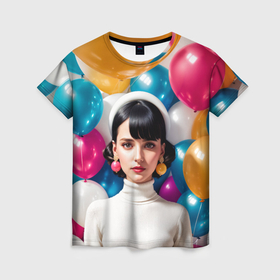 Женская футболка 3D с принтом Девушка в белой кофте с разноцветными шарами в Белгороде, 100% полиэфир ( синтетическое хлопкоподобное полотно) | прямой крой, круглый вырез горловины, длина до линии бедер | 