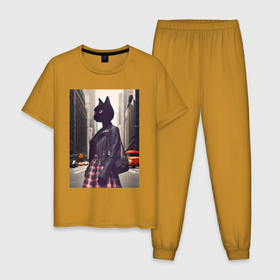 Мужская пижама хлопок с принтом Cat fashionista   New York   ai art в Белгороде, 100% хлопок | брюки и футболка прямого кроя, без карманов, на брюках мягкая резинка на поясе и по низу штанин
 | 