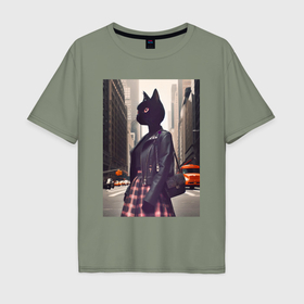 Мужская футболка хлопок Oversize с принтом Cat fashionista   New York   ai art в Новосибирске, 100% хлопок | свободный крой, круглый ворот, “спинка” длиннее передней части | Тематика изображения на принте: 