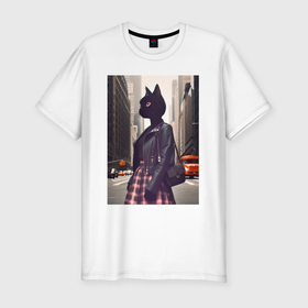 Мужская футболка хлопок Slim с принтом Cat fashionista   New York   ai art в Новосибирске, 92% хлопок, 8% лайкра | приталенный силуэт, круглый вырез ворота, длина до линии бедра, короткий рукав | Тематика изображения на принте: 