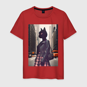 Мужская футболка хлопок с принтом Cat fashionista   New York   ai art в Петрозаводске, 100% хлопок | прямой крой, круглый вырез горловины, длина до линии бедер, слегка спущенное плечо. | 