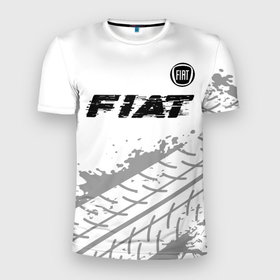 Мужская футболка 3D Slim с принтом Fiat speed на светлом фоне со следами шин посередине в Петрозаводске, 100% полиэстер с улучшенными характеристиками | приталенный силуэт, круглая горловина, широкие плечи, сужается к линии бедра | 