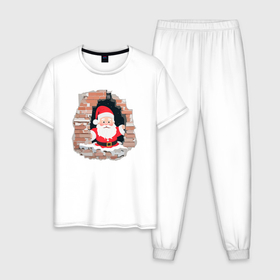Мужская пижама хлопок с принтом Дедушка мороз из стены в Тюмени, 100% хлопок | брюки и футболка прямого кроя, без карманов, на брюках мягкая резинка на поясе и по низу штанин
 | 