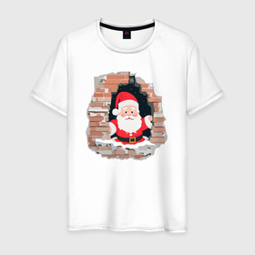 Мужская футболка хлопок с принтом Дедушка мороз из стены в Петрозаводске, 100% хлопок | прямой крой, круглый вырез горловины, длина до линии бедер, слегка спущенное плечо. | 