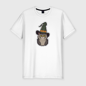 Мужская футболка хлопок Slim с принтом Испуганный котик в шляпе , 92% хлопок, 8% лайкра | приталенный силуэт, круглый вырез ворота, длина до линии бедра, короткий рукав | Тематика изображения на принте: 