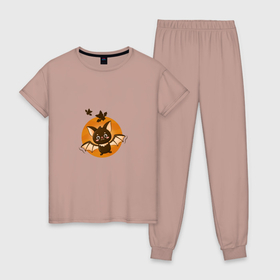 Женская пижама хлопок с принтом Милая летучая мышь в Тюмени, 100% хлопок | брюки и футболка прямого кроя, без карманов, на брюках мягкая резинка на поясе и по низу штанин | 