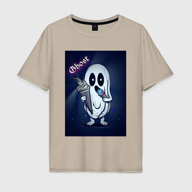 Мужская футболка хлопок Oversize с принтом Привидение с мороженкой , 100% хлопок | свободный крой, круглый ворот, “спинка” длиннее передней части | 
