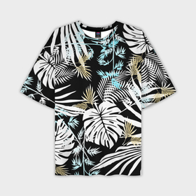 Мужская футболка oversize 3D с принтом Тропические листья пальмы и монстеры на чёрном в Белгороде,  |  | 