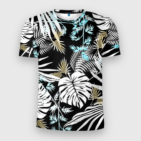 Мужская футболка 3D Slim с принтом Тропические листья пальмы и монстеры на чёрном в Кировске, 100% полиэстер с улучшенными характеристиками | приталенный силуэт, круглая горловина, широкие плечи, сужается к линии бедра | Тематика изображения на принте: 