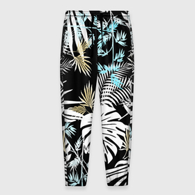Мужские брюки 3D с принтом Тропические листья пальмы и монстеры на чёрном в Белгороде, 100% полиэстер | манжеты по низу, эластичный пояс регулируется шнурком, по бокам два кармана без застежек, внутренняя часть кармана из мелкой сетки | 