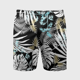 Мужские шорты спортивные с принтом Тропические листья пальмы и монстеры на чёрном в Белгороде,  |  | 