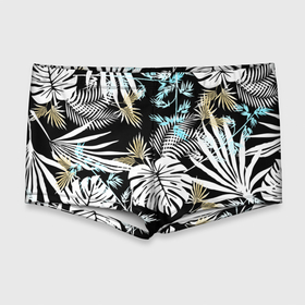 Мужские купальные плавки 3D с принтом Тропические листья пальмы и монстеры на чёрном в Курске, Полиэстер 85%, Спандекс 15% |  | Тематика изображения на принте: 