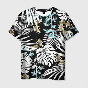 Мужская футболка 3D с принтом Тропические листья пальмы и монстеры на чёрном в Кировске, 100% полиэфир | прямой крой, круглый вырез горловины, длина до линии бедер | Тематика изображения на принте: 