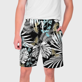 Мужские шорты 3D с принтом Тропические листья пальмы и монстеры на чёрном ,  полиэстер 100% | прямой крой, два кармана без застежек по бокам. Мягкая трикотажная резинка на поясе, внутри которой широкие завязки. Длина чуть выше колен | 