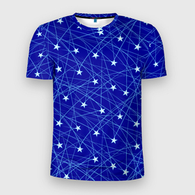 Мужская футболка 3D Slim с принтом Звездопад на синем в Петрозаводске, 100% полиэстер с улучшенными характеристиками | приталенный силуэт, круглая горловина, широкие плечи, сужается к линии бедра | 