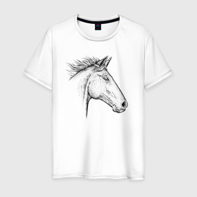 Мужская футболка хлопок с принтом Голова лошади в профиль в Екатеринбурге, 100% хлопок | прямой крой, круглый вырез горловины, длина до линии бедер, слегка спущенное плечо. | 