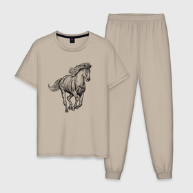 Мужская пижама хлопок с принтом Жеребец скачущий , 100% хлопок | брюки и футболка прямого кроя, без карманов, на брюках мягкая резинка на поясе и по низу штанин
 | 