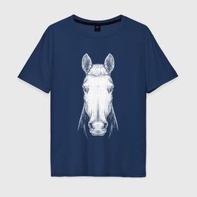 Мужская футболка хлопок Oversize с принтом Голова белой лошади анфас в Санкт-Петербурге, 100% хлопок | свободный крой, круглый ворот, “спинка” длиннее передней части | 