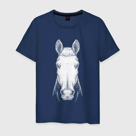 Мужская футболка хлопок с принтом Голова белой лошади анфас в Санкт-Петербурге, 100% хлопок | прямой крой, круглый вырез горловины, длина до линии бедер, слегка спущенное плечо. | 