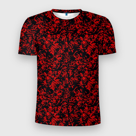 Мужская футболка 3D Slim с принтом Абстракция чёрная с красными перьями в Кировске, 100% полиэстер с улучшенными характеристиками | приталенный силуэт, круглая горловина, широкие плечи, сужается к линии бедра | 
