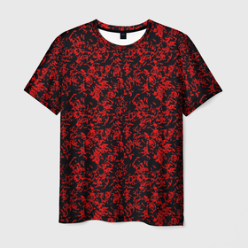 Мужская футболка 3D с принтом Абстракция чёрная с красными перьями в Екатеринбурге, 100% полиэфир | прямой крой, круглый вырез горловины, длина до линии бедер | 