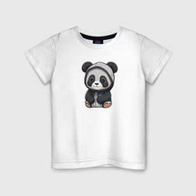 Детская футболка хлопок с принтом Симпатичная панда в капюшоне в Новосибирске, 100% хлопок | круглый вырез горловины, полуприлегающий силуэт, длина до линии бедер | Тематика изображения на принте: 