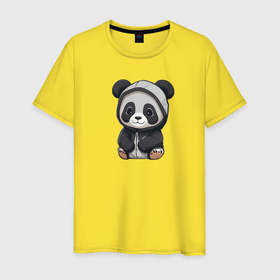 Мужская футболка хлопок с принтом Симпатичная панда в капюшоне в Петрозаводске, 100% хлопок | прямой крой, круглый вырез горловины, длина до линии бедер, слегка спущенное плечо. | 