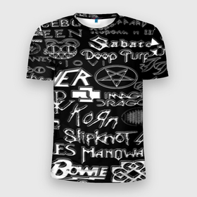 Мужская футболка 3D Slim с принтом Логотипы рок групп металические , 100% полиэстер с улучшенными характеристиками | приталенный силуэт, круглая горловина, широкие плечи, сужается к линии бедра | 