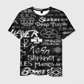 Мужская футболка 3D с принтом Логотипы рок групп металические в Курске, 100% полиэфир | прямой крой, круглый вырез горловины, длина до линии бедер | 