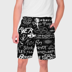 Мужские шорты 3D с принтом Логотипы рок групп металические в Тюмени,  полиэстер 100% | прямой крой, два кармана без застежек по бокам. Мягкая трикотажная резинка на поясе, внутри которой широкие завязки. Длина чуть выше колен | 