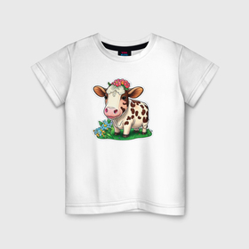 Детская футболка хлопок с принтом Веселая коровка на лугу в Кировске, 100% хлопок | круглый вырез горловины, полуприлегающий силуэт, длина до линии бедер | 