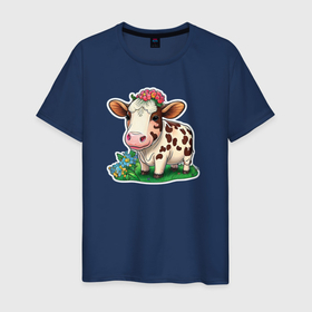 Мужская футболка хлопок с принтом Веселая коровка на лугу в Новосибирске, 100% хлопок | прямой крой, круглый вырез горловины, длина до линии бедер, слегка спущенное плечо. | 