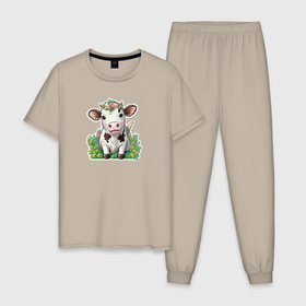 Мужская пижама хлопок с принтом Коровка в весенних цветах в Курске, 100% хлопок | брюки и футболка прямого кроя, без карманов, на брюках мягкая резинка на поясе и по низу штанин
 | 