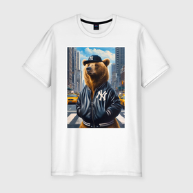 Мужская футболка хлопок Slim с принтом Крутой медведь житель Нью Йорка   нейросеть в Кировске, 92% хлопок, 8% лайкра | приталенный силуэт, круглый вырез ворота, длина до линии бедра, короткий рукав | 
