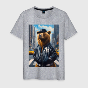 Мужская футболка хлопок с принтом Крутой медведь житель Нью Йорка   нейросеть в Кировске, 100% хлопок | прямой крой, круглый вырез горловины, длина до линии бедер, слегка спущенное плечо. | 