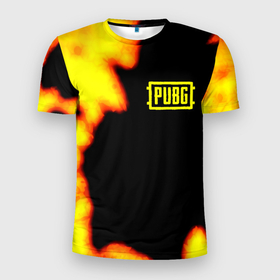 Мужская футболка 3D Slim с принтом PlayerUnknowns Battlegrounds fire в Тюмени, 100% полиэстер с улучшенными характеристиками | приталенный силуэт, круглая горловина, широкие плечи, сужается к линии бедра | 