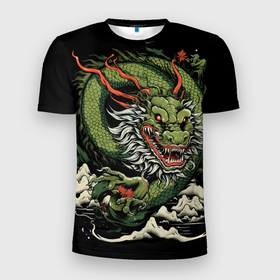Мужская футболка 3D Slim с принтом Символ  года зеленый дракон в Кировске, 100% полиэстер с улучшенными характеристиками | приталенный силуэт, круглая горловина, широкие плечи, сужается к линии бедра | 