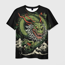 Мужская футболка 3D с принтом Символ  года зеленый дракон в Кировске, 100% полиэфир | прямой крой, круглый вырез горловины, длина до линии бедер | 