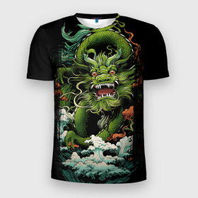 Мужская футболка 3D Slim с принтом Зеленый  дракон символ   года в Кировске, 100% полиэстер с улучшенными характеристиками | приталенный силуэт, круглая горловина, широкие плечи, сужается к линии бедра | 