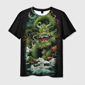 Мужская футболка 3D с принтом Зеленый  дракон символ   года в Кировске, 100% полиэфир | прямой крой, круглый вырез горловины, длина до линии бедер | 