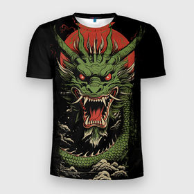 Мужская футболка 3D Slim с принтом Зеленый дракон с открытой пастью в Екатеринбурге, 100% полиэстер с улучшенными характеристиками | приталенный силуэт, круглая горловина, широкие плечи, сужается к линии бедра | 