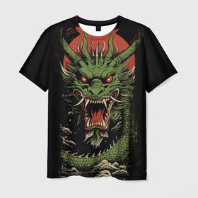 Мужская футболка 3D с принтом Зеленый дракон с открытой пастью , 100% полиэфир | прямой крой, круглый вырез горловины, длина до линии бедер | 