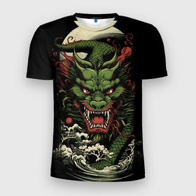 Мужская футболка 3D Slim с принтом Зеленый  дракон    символ года в Кировске, 100% полиэстер с улучшенными характеристиками | приталенный силуэт, круглая горловина, широкие плечи, сужается к линии бедра | 