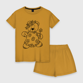 Женская пижама с шортиками хлопок с принтом Мишка с ромашками   раскраска , 100% хлопок | футболка прямого кроя, шорты свободные с широкой мягкой резинкой | 