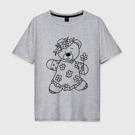 Мужская футболка хлопок Oversize с принтом Мишка с ромашками   раскраска в Санкт-Петербурге, 100% хлопок | свободный крой, круглый ворот, “спинка” длиннее передней части | 