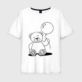 Мужская футболка хлопок Oversize с принтом Мишка с воздушным шариком   раскраска в Санкт-Петербурге, 100% хлопок | свободный крой, круглый ворот, “спинка” длиннее передней части | 