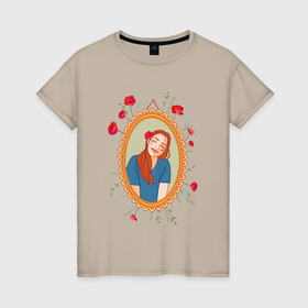 Женская футболка хлопок с принтом Девушка с улыбкой в рамке с цветами в Екатеринбурге, 100% хлопок | прямой крой, круглый вырез горловины, длина до линии бедер, слегка спущенное плечо | 